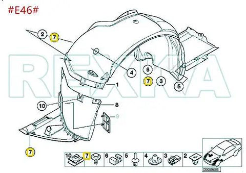 Diagram of BMW wheel arch trim showing screw positions for Bulk 50 Pack M4.8-1.61 X 16mm Hex Head Sems Screws Set