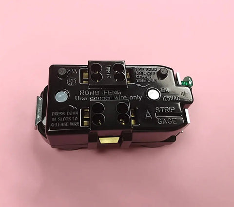 Straight Swap Nema 5 15R Duplex Wall Outlet 15 Amp 125 Volt UL Listed Electrical Receptacle top view showing brass contacts and wire slots.