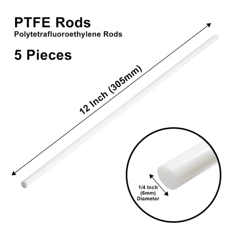 White PTFE Round Rods One Quarter Inch Diameter, Thirteen Inch Length, Pack Of Five, Six Millimeter Teflon Rods For High Temperature And Chemical Resistance
