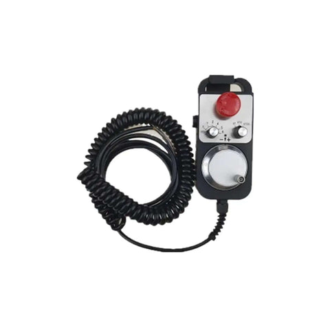 Universal MPG Hand Wheel Pendant For CNC Router With Emergency Stop Ready 4 Axis 6 Axis Compatible Hand Wheel Controller Manual Pulse Generator Plug And Play Easy Setup, red emergency stop button, coiled cable.