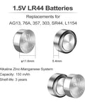 Heavy Duty Fifty Pack LR44 Alkaline Button Cell Batteries close-up image showing two LR44 batteries with specifications.