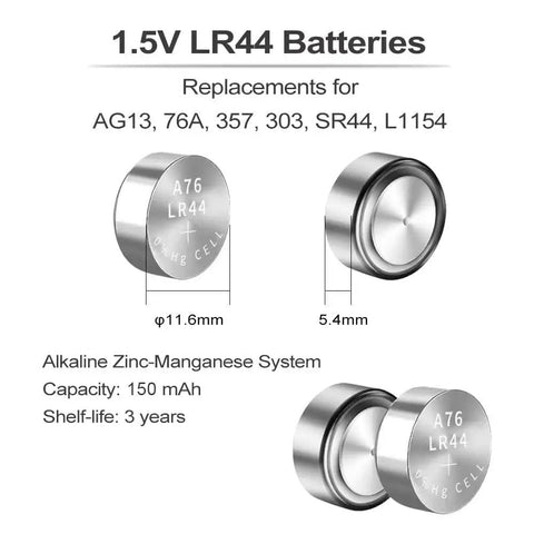 Heavy Duty Fifty Pack LR44 Alkaline Button Cell Batteries close-up image showing two LR44 batteries with specifications.