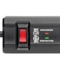 Close-up of black Six Rotatable Outlets Surge Protector Power Strip with power switch and indicator lights, grounded protected labels visible.