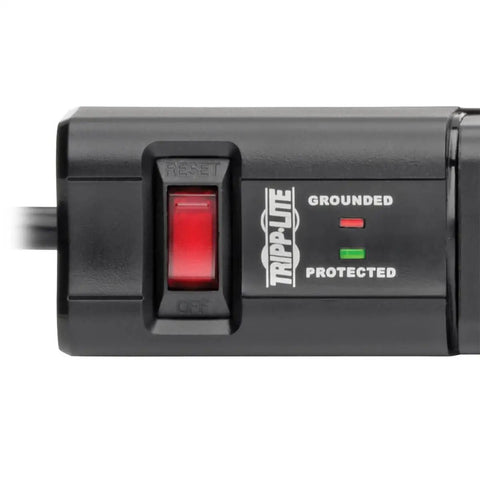 Close-up of black Six Rotatable Outlets Surge Protector Power Strip with power switch and indicator lights, grounded protected labels visible.
