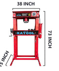 Front view of a red 50 Ton Hydraulic Shop Press With H Frame Workhorse Adjustable Working Table Height Twenty Seven And A Half Inch Bed Seven And A Half Inch Stroke One Hundred Ten To One Hundred Twenty Five PSI Air Quarter Inch Inlet Zero To Forty Inch Work Range Garage.