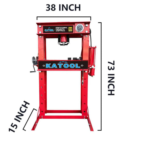 Front view of a red 50 Ton Hydraulic Shop Press With H Frame Workhorse Adjustable Working Table Height Twenty Seven And A Half Inch Bed Seven And A Half Inch Stroke One Hundred Ten To One Hundred Twenty Five PSI Air Quarter Inch Inlet Zero To Forty Inch Work Range Garage.