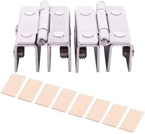 Top Shelf Adjustable Double Clamp Hinges For Frameless Shower Glass Doors Heavy Duty Stainless Steel Silver Finish with glass mounts.