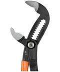 Close-up of 3 Piece Quick Adjust Klaw Pump Pliers Set with V Jaw and Hardened Teeth for Maximum Torque, compact steel build