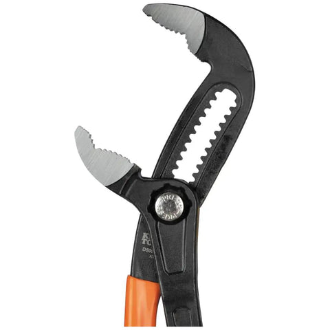 Close-up of 3 Piece Quick Adjust Klaw Pump Pliers Set with V Jaw and Hardened Teeth for Maximum Torque, compact steel build