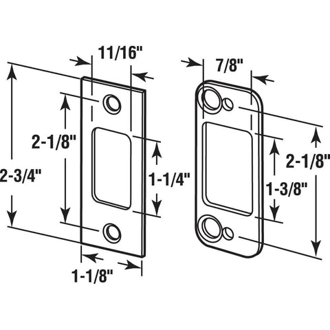 Diagram of Heavy Duty Deadbolt Strike Plate for Wood or Metal Door Jambs Two and Three Quarters Inches Tall by One and One Eighth Inches Wide