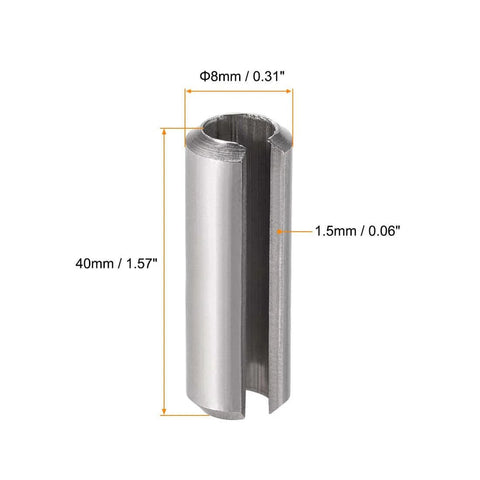 Slotted Spring Pin Set M8 X 40mm, 304 Stainless Steel Split Roll Dowel Pins, Plain Finish, 10 Pieces, side view with dimensions.