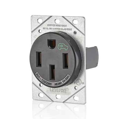 Heavy Duty Badass EV Charging Outlet Built Tough For Your Garage NEMA 14 50 R Socket in black with mounting plate for installation.