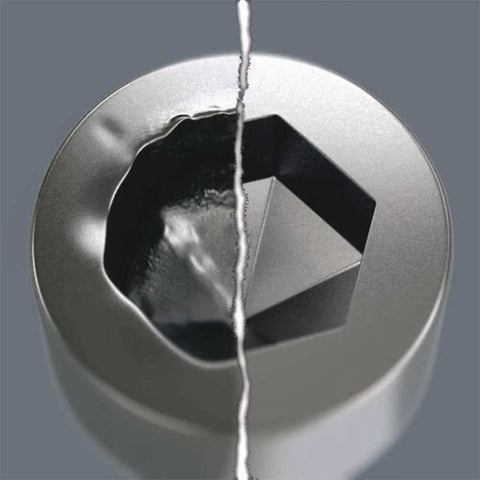 Top view of stainless 1.5mm hex insert bit for one quarter inch drive with hex plus tip, ideal for ISO bit holders and Fein Bosch Metabo tools.