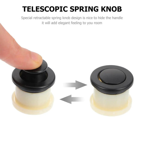 Close-up of Six Pack Embedded Retractable Spring Knobs Zinc Alloy Cabinet Door Pulls Hidden Handle showing push action.