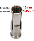 Pro Grade Golf Club Ferrule Installation Tool For Wood Shaft Quick Knockdown And Secure Fit DIY Workshop Essential Heavy Duty Universal Ferrule Installer For Golf Club Shaft That Delivers Easy Precision Fit Silver, showing side view of metal ferrule installer with 13mm outer and 9.45mm inner diameter.