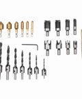 Image of Real Deal Woodworking Plug Cutters Kit With Hex Shank Drill Bits And Countersink Bites For Hardwood Builds, featuring various drill bit sizes and materials.
