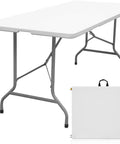 6 Foot Folding Table Portable Beefy Heavy Duty Plastic Fold In Half Utility Table For Indoor Outdoor Use Perfect For Camping Picnics Parties And Event Setups White showing unfolded and folded views