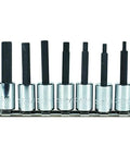 Three Eighths Inch Drive Hex Bit Set, 7 Piece Multicolor Hex Bits Kit For Hand Tools And Power Tools, neatly aligned on rack