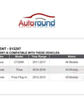 Compatibility chart for Front Wheel Bearing And Hub Assembly For Toyota Prius 2010 To 2016 And Prius Plug In 2012 To 2015, Lexus CT200H 2011 To 2017