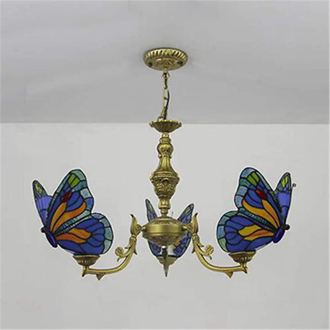 Stained Glass Pendant Light In Tiffany Style With Three Butterflies Shade Blue Vintage Vibe Ceiling Lamp For Indoor Decor