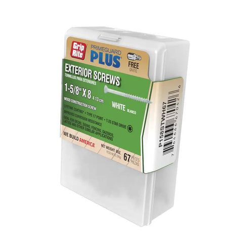 Box of PrimeGuard Plus Exterior Deck Screws For Outdoor Projects With Bugle Head And T25 Star Drive Coarse Thread Wood Screws 8 X 1-5/8 Inch White 67 Count