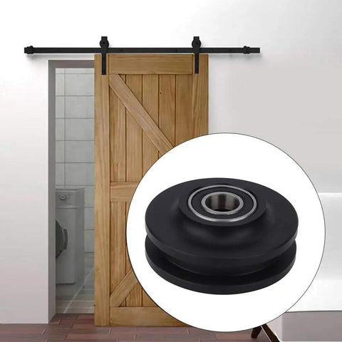 2 Pack Barn Door Sliding Roller Wheels Kit For DIY Sliding Door Project installed on wooden barn door with close-up of roller