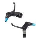 Kids Bike Brake Lever Set for Easy Handbrake Control, black and blue aluminum levers with 22.2mm clamp for round tubes.