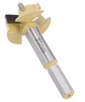 35mm hinge boring bit with 9mm hex shank; 10mm drilling depth, 3-flute gold-colored cutter for woodworking