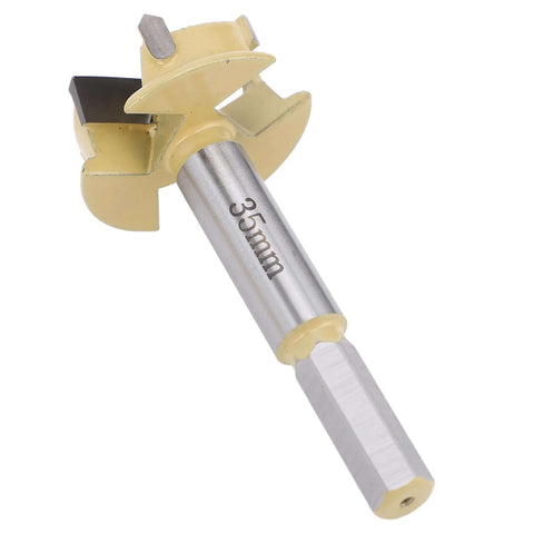 35mm hinge boring bit with 9mm hex shank; 10mm drilling depth, 3-flute gold-colored cutter for woodworking