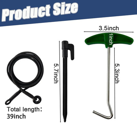 Dimensions of the Golf Tee Anchor Kit With 4 Ground Stakes And Durable Bungee Cords Keeps Tees In Place For Consistent Swings No More Lost Tees Includes Stake Puller Tool Perfect For Practice Rounds At The Range Or Backyard Wind Resistant Tee Lock; featuring a bungee cord, stake, and puller tool.