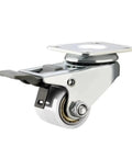 Four Pack One Point Two Inch Low Profile Heavy Duty Swivel Casters With Precision Ball Bearings And Secure Wheel Brakes That Lock Down Tight For Gliding Smooth Through Your Workshop Gear And Cabinet Builds In Red - close-up view of a single caster
