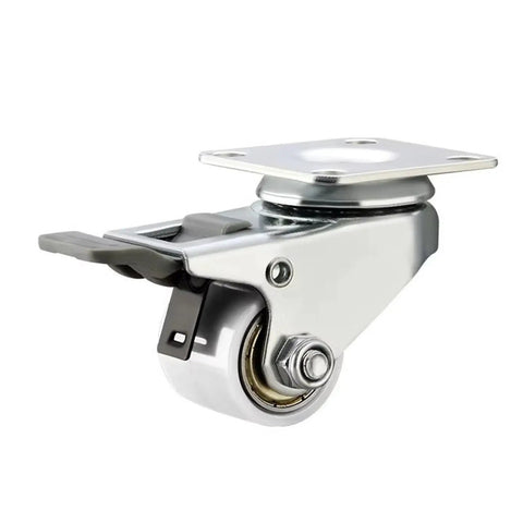 Four Pack One Point Two Inch Low Profile Heavy Duty Swivel Casters With Precision Ball Bearings And Secure Wheel Brakes That Lock Down Tight For Gliding Smooth Through Your Workshop Gear And Cabinet Builds In Red - close-up view of a single caster