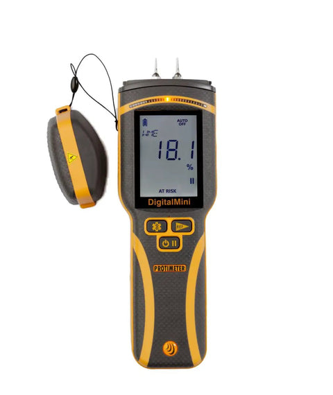 Digital Mini Pin Type Moisture Meter With Backlit Display For Wood Drywall And Concrete Built Tough For Builders And DIY Pros Seeking Precise Moisture Readings On The Job, front view with case