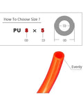Premium Extra Heavy Duty PU Compressor Hose With A Snappy Flexible Spring Like Fit For Pneumatic Tools, Orange 12X8MM 33Foot Pro Garage Ready Air Tubing Setup end view showing inner diameter and outer diameter specifications.
