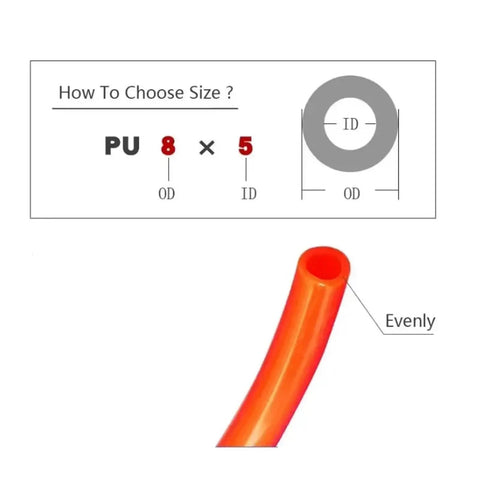 Premium Extra Heavy Duty PU Compressor Hose With A Snappy Flexible Spring Like Fit For Pneumatic Tools, Orange 12X8MM 33Foot Pro Garage Ready Air Tubing Setup end view showing inner diameter and outer diameter specifications.