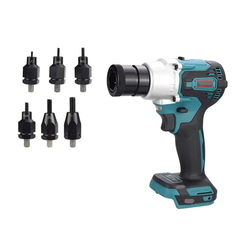 Pro Workhorse Cordless Electric Rivet Gun With Brushless Motor Automatic Rivet Nut Setter For Aluminum Steel rechargeable tool with 6 attachments.