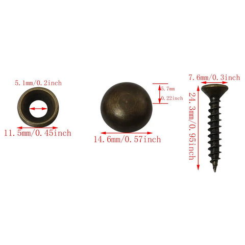 Top Shelf Eight Piece Set Of Real Pure Brass Decorative Mirror Screws With Bronze Cap Covers, showing sizes of caps and screws.