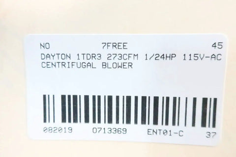 Heavy Duty General Purpose Blower With 273 CFM Output And 1640 RPM Speed label showing specifications and part number.