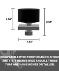 Dimensions of Heavy Duty Trolley Roller Stopper for 1-5/8 Inch Unistrut Channel with rubber wheel, quick install.