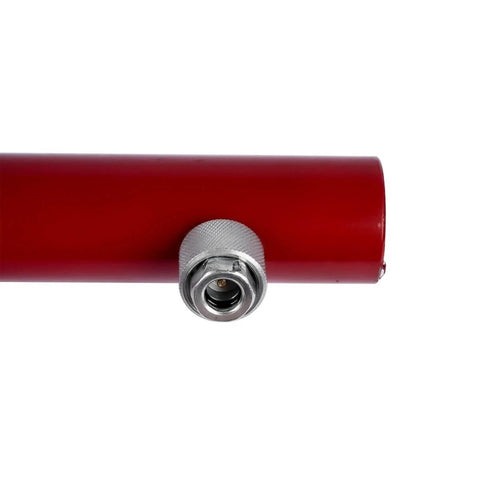 Close-up of the red cylinder part of Porta Power Ram Hydraulic Jack 5 Stroke Auto Body Frame Repair 4 Ton Tool Heavy Duty Lift