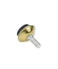 Gold Swivel Adjustable Furniture Levelers To Knock The Wobble Flat Slick Steel Legs With Rubber Pads Silent Floor Guards Smooth Glide Indoor Outdoor Setup 16 Pack close-up of single leveler with brass finish and rubber pad.