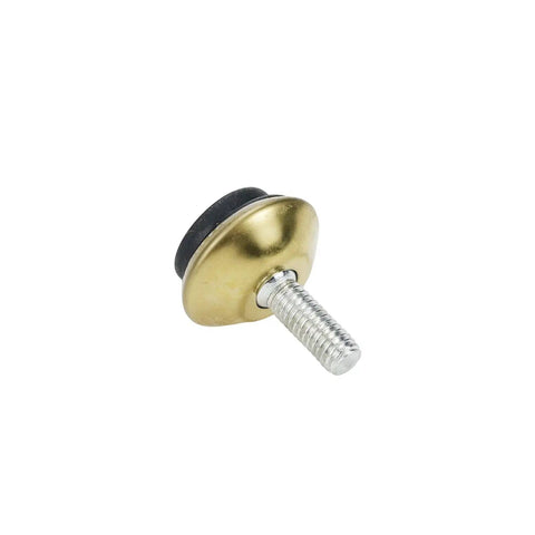 Gold Swivel Adjustable Furniture Levelers To Knock The Wobble Flat Slick Steel Legs With Rubber Pads Silent Floor Guards Smooth Glide Indoor Outdoor Setup 16 Pack close-up of single leveler with brass finish and rubber pad.