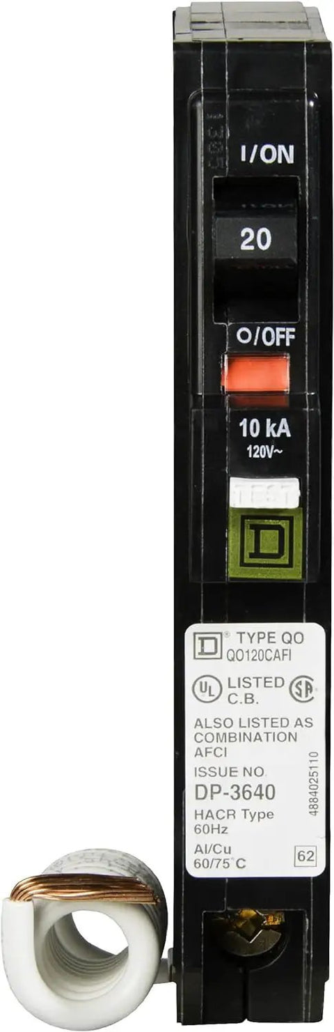 Front view of QO120CAFI 20 Amp Arc Fault Breaker, Single Pole AFCI with plug-on design, black casing, visible labels, 120V, 10kA rated.