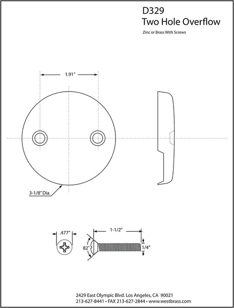 Diagram of Two Hole Overflow Face Plate With Screws, Three And One Eighth Inch Matte Black Drain Plate For Two Hole Elbows