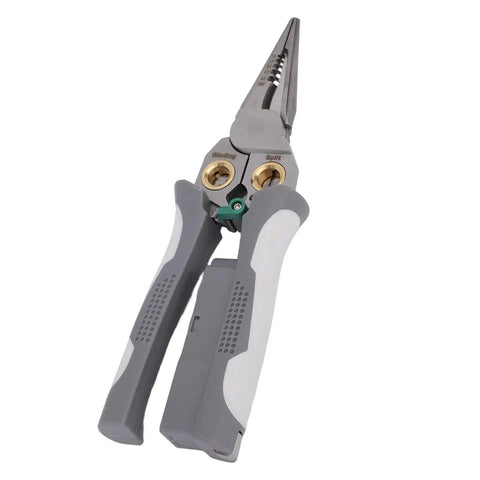 Heavy Duty Eight In One Wire Stripper Pliers With Built In Voltage Tester And Quick Grip Cable Cutter For Automotive And DIY Wiring Jobs close-up view.
