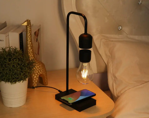 Dope Magnetic Levitating Lamp With Floating LED Bulb Wireless Charging Desk Light on bedside table, phone charging