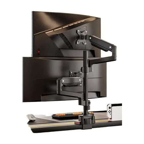 Heavy Duty Dual Monitor Mount For Desk Featuring Smooth Tilt Swivel Adjustment, showing dual arms with cable routing.