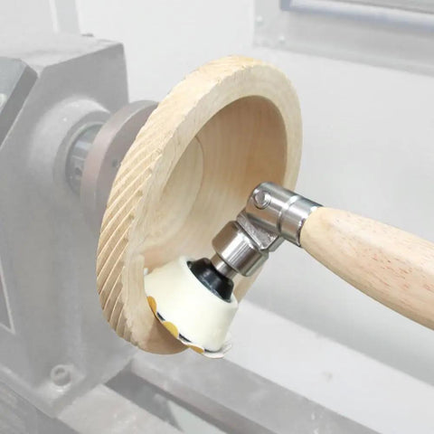 Pro Grade Woodturning Bowl Sander Tool Kit With Rotating Head used inside a wooden bowl on lathe machine