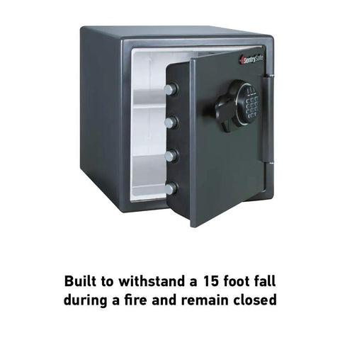 Black Fireproof Safe With Digital Push Button Keypad For Home Use Keep Cash And Documents Safe From Fire 1.23 Cubic Feet UL Classified Customizable Combination, gun metal gray, open door view