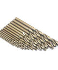 Metric cobalt drill bit set, 13 pcs, 1.5–6.5 mm, M35 HSS, straight shank for metal drilling.